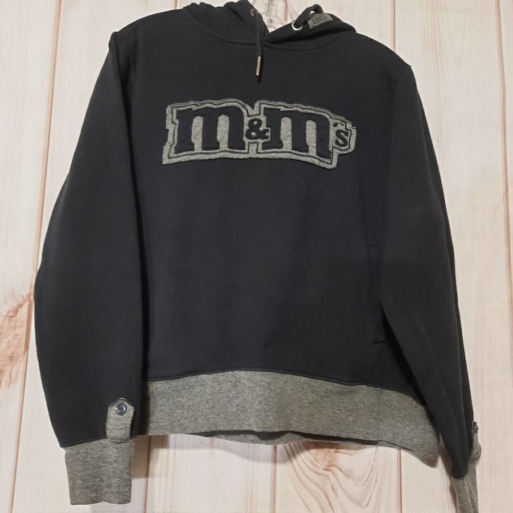 M&M's World Hoodie Sweatshirt Black Gray Applique Logo Pullover‎ Small